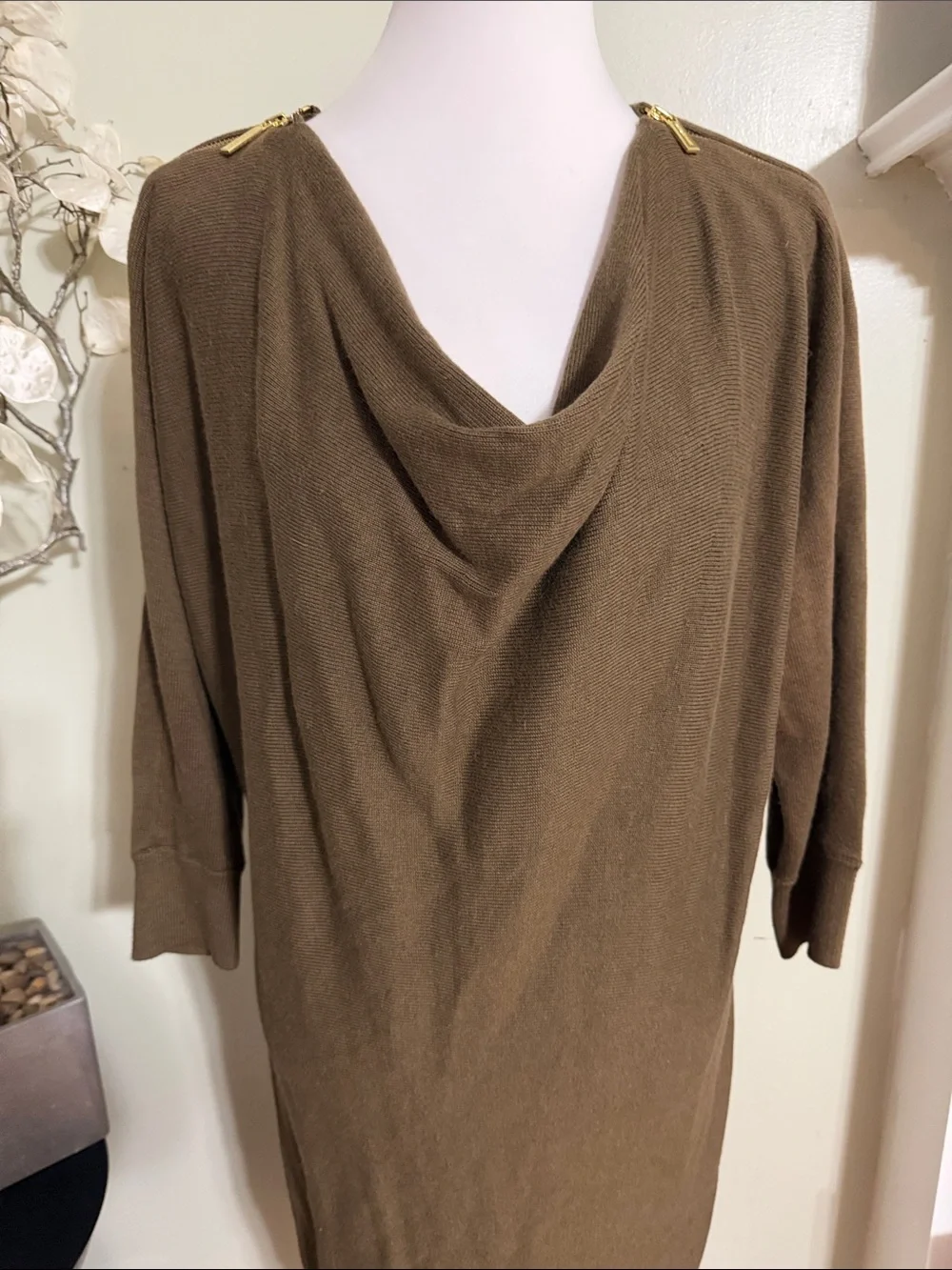 Michael Kors Olive Brown Sweater Dress Long Sleeve Drape Neck